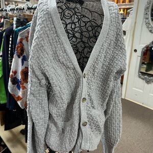 Cozy Gray Knit Cardigan Sweater by Trader Bay, large, cotton